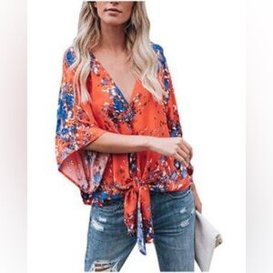 Vici Collection Vibrant Floral V-Neck Tie Front Blouse - Red and Blue - Size M